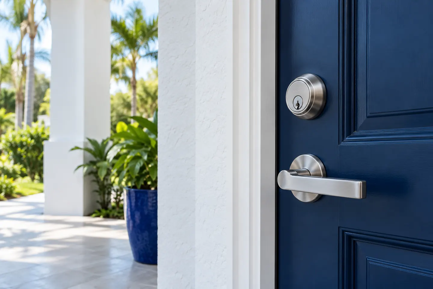Brushed silver lock and lever on a navy blue front door